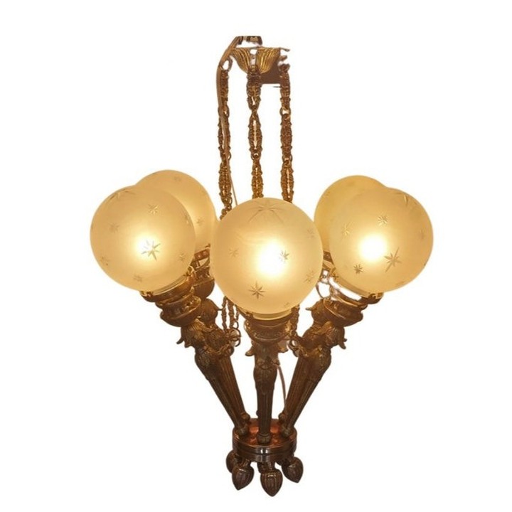 Antique Art Nouveau Rare 6 Light Heavy Brass & Glass Ceiling Hanging Chandelier Lamp