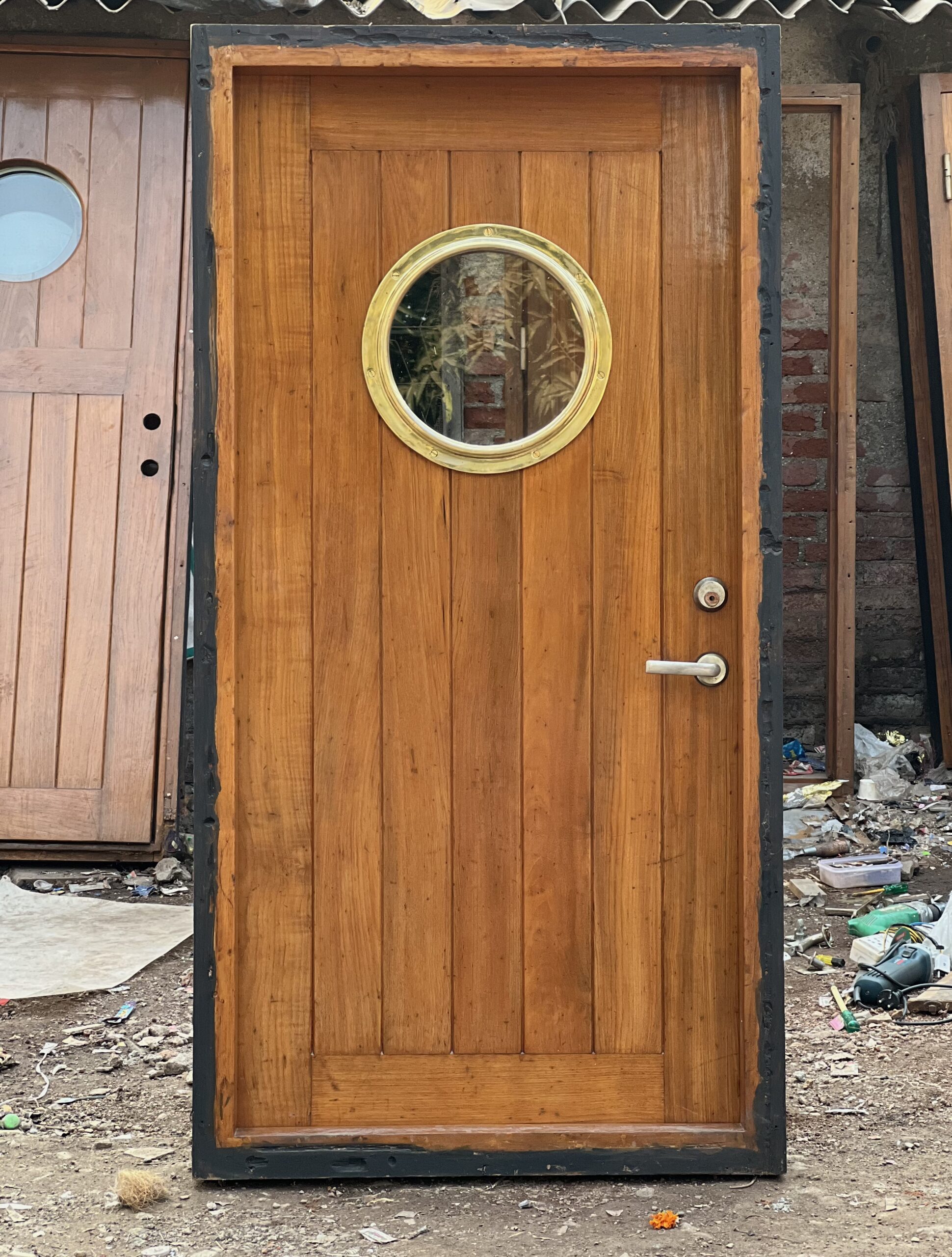 Nautical Antique Refurbish Vintage Ship Wooden Door with Brass Porthole Window