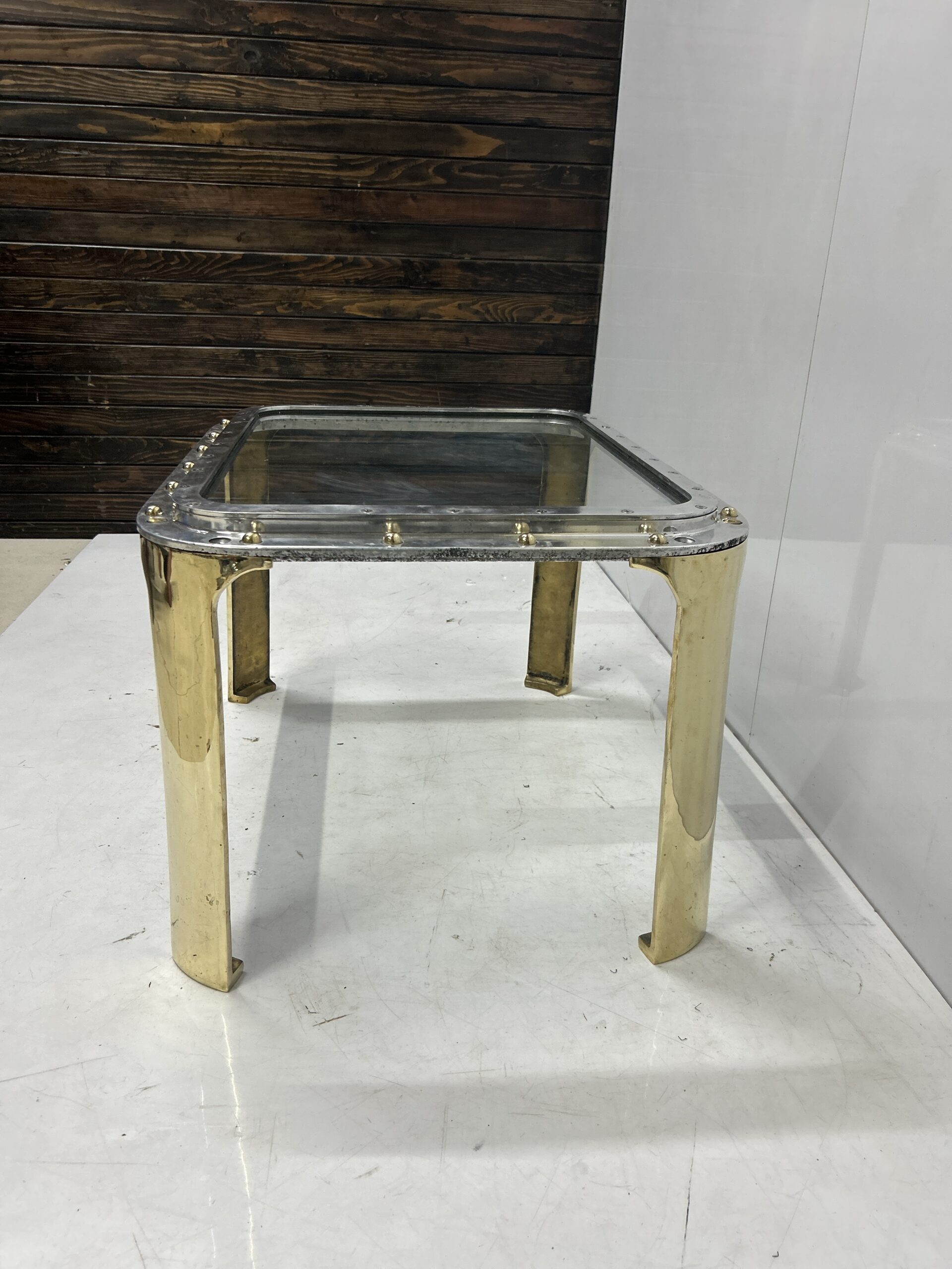 Old Aluminum Square Porthole Hatch Window Marine Coffee Table with Brass Legs